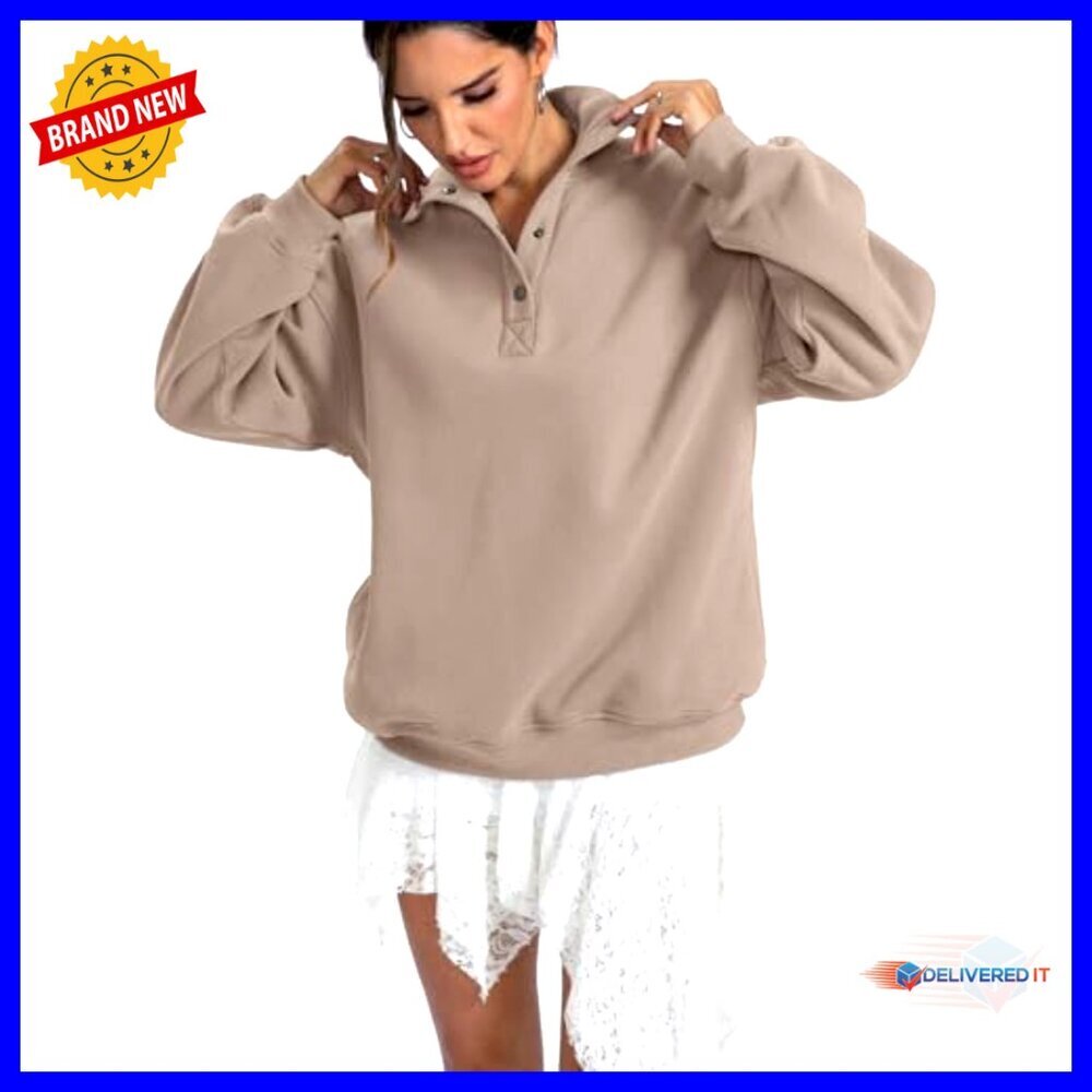 Oversized Fleece Sweatshirt Henley Neck Button Pullover Long Sleeve Top - Picture 6 of 7